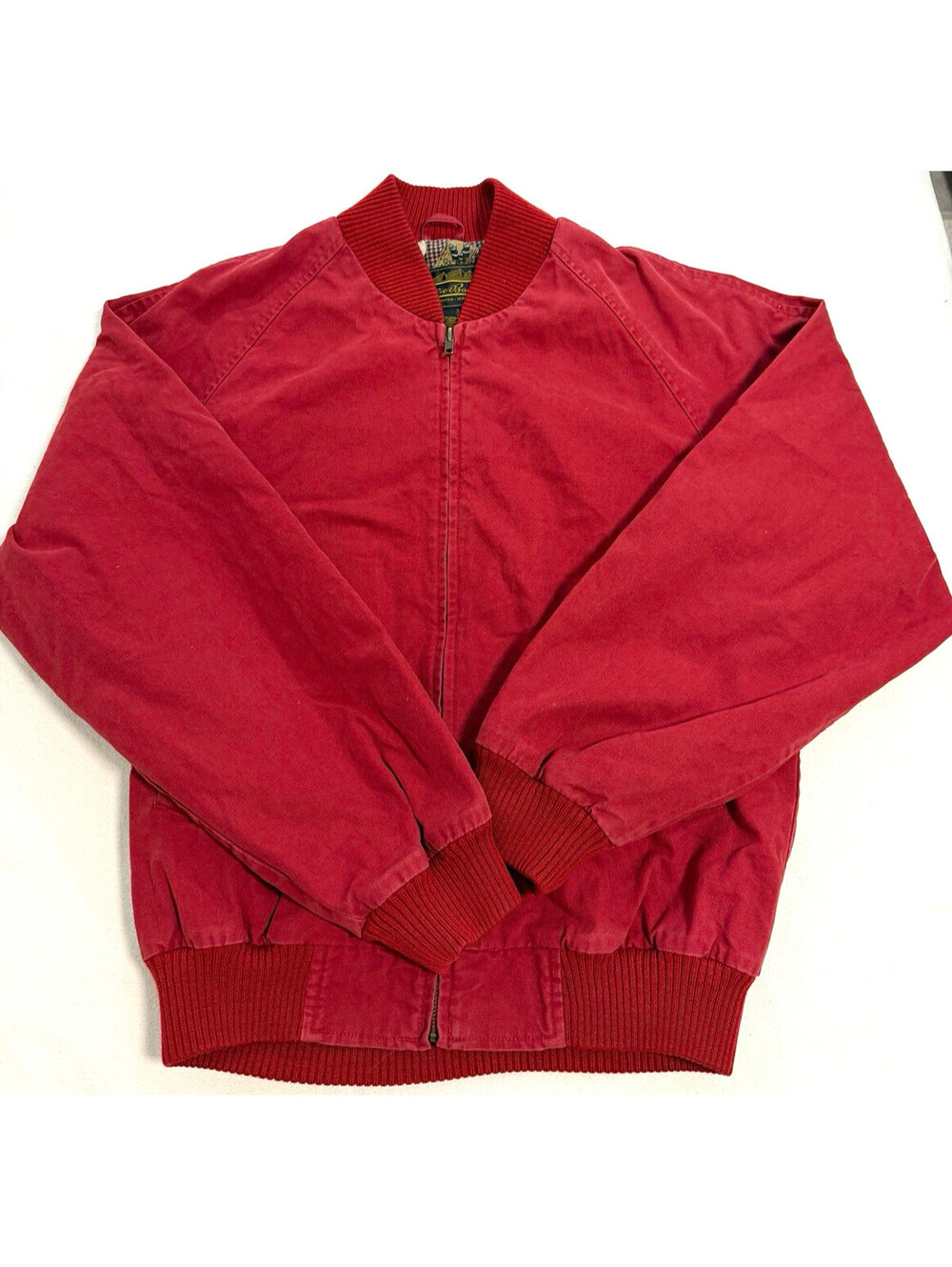 Vintage Eddie Bauer Mens Small Red Cotton Bomber Jacket Printed Lined 90s